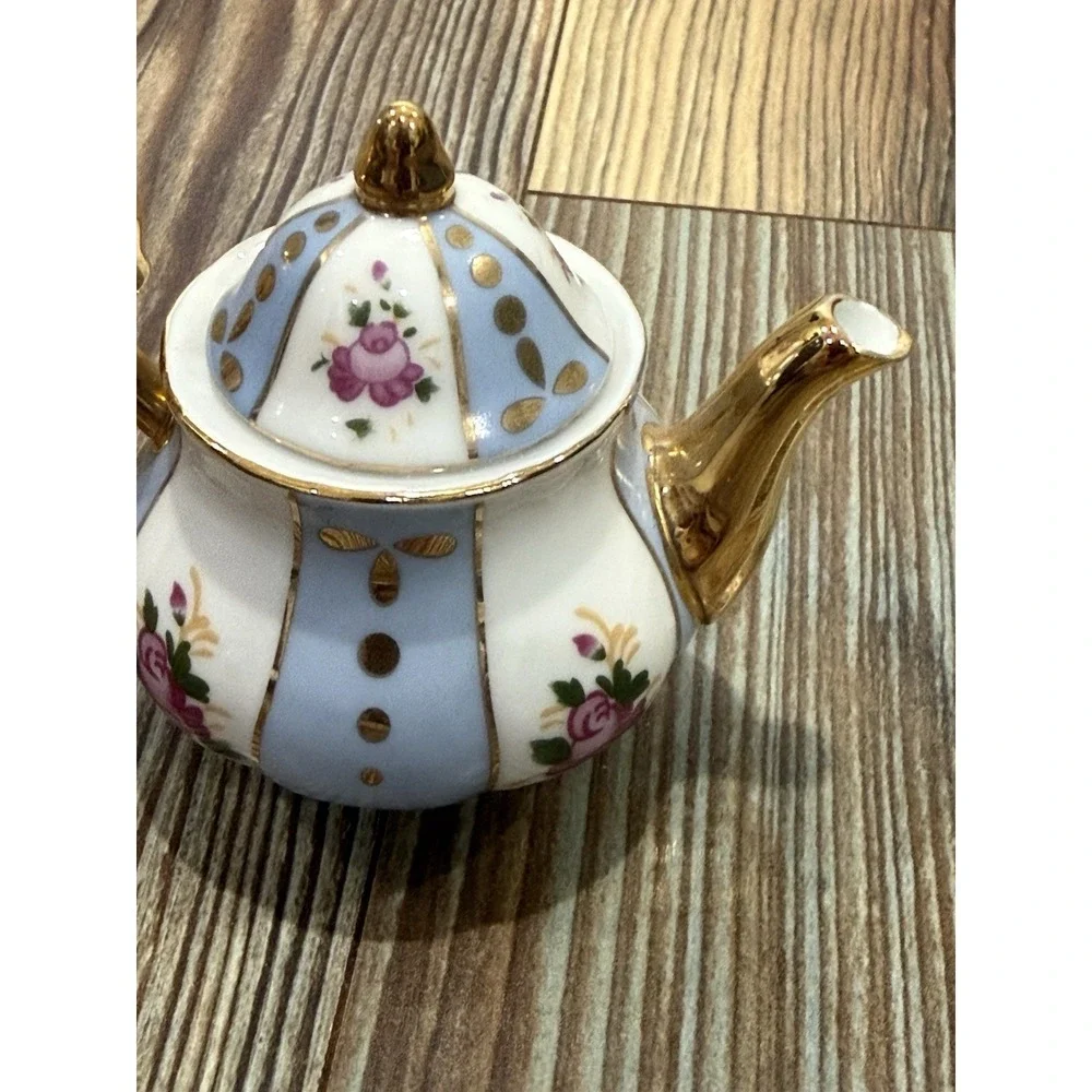 Miniature Blue and White w/ Pink Rose Design, Gold Trim Porcelain Teapot 3